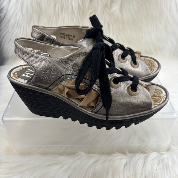 Fly London Silver Wedges Sandals Fashion-Forward Metallic - Picture 2 of 9